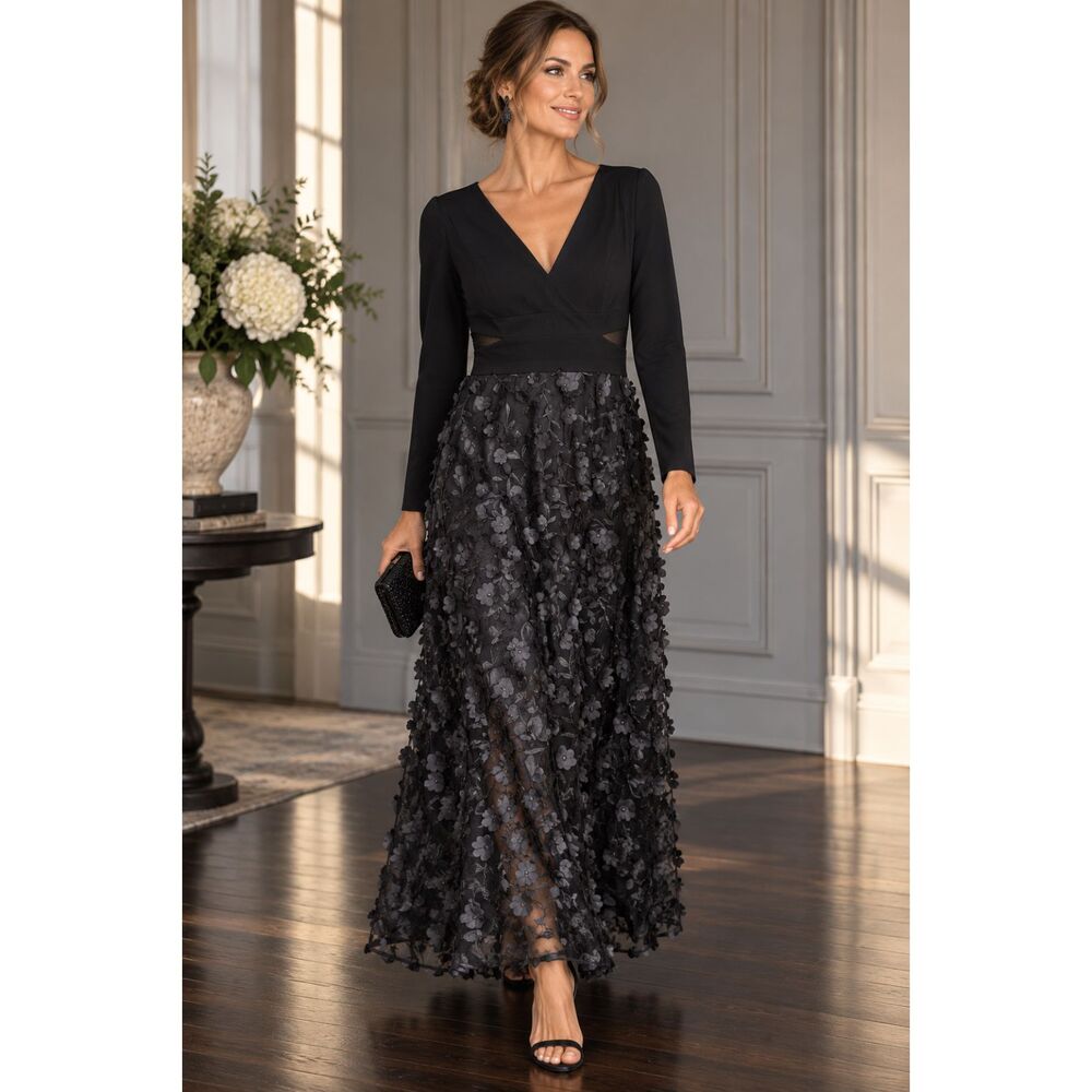 Xscape Black 3D Floral Appliqué Evening Gown Long Sleeve V-Neck 16P NWT